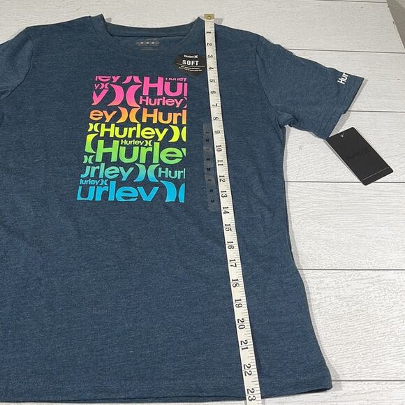 Hurley Heathered Blue Tee with Neon Rainbow Logo Medium - Picture 6 of 8